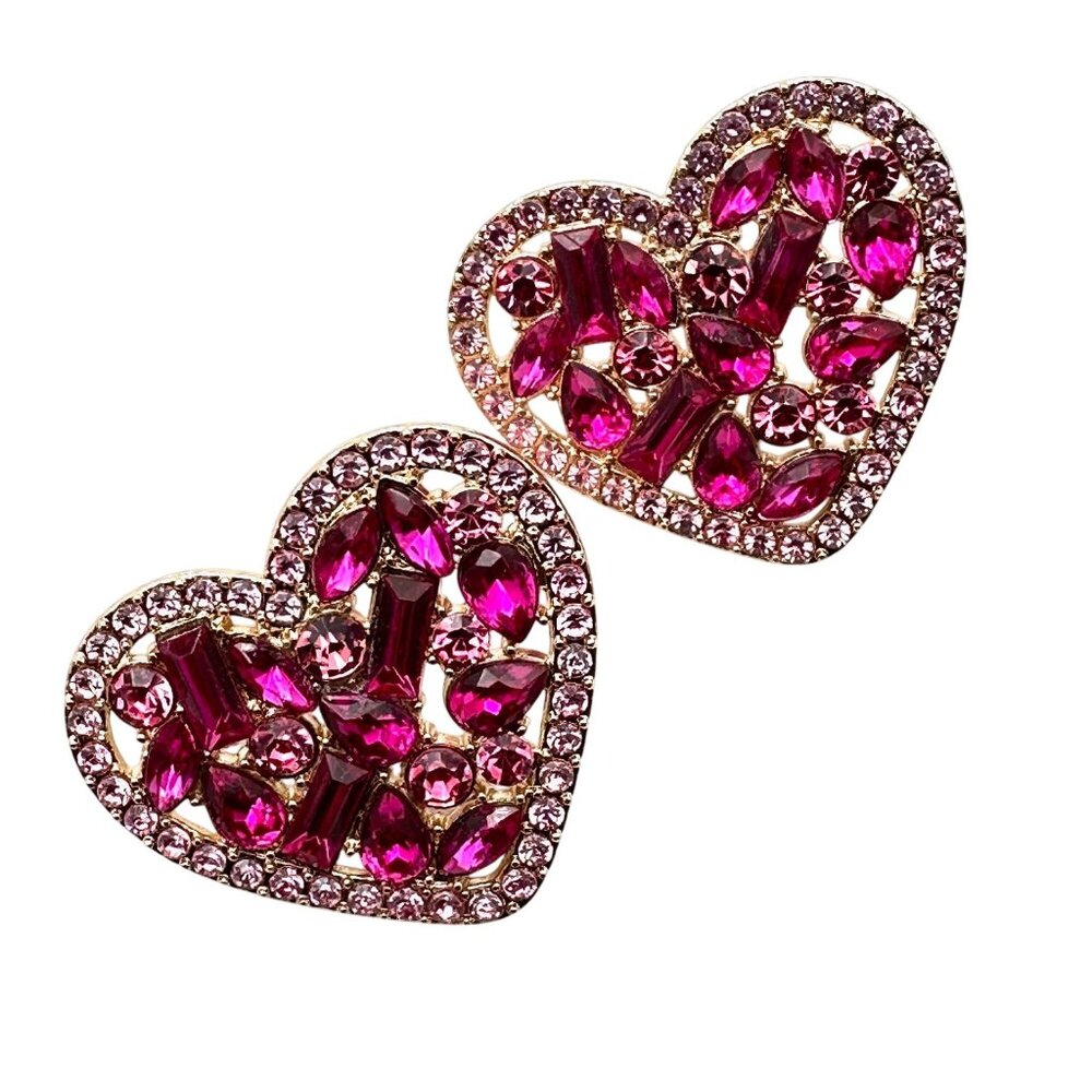 Pink Crystal Rhinestone Heart Earrings Pierced Gold Tone Chandelier New
